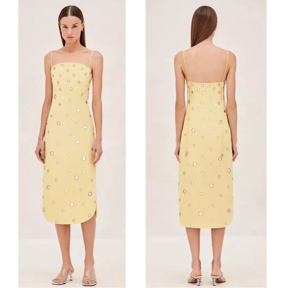 ALEXIS Malia Mirror Sequin Embellished Polkadot Yellow Midi Dress Size Medium - Picture 2 of 10